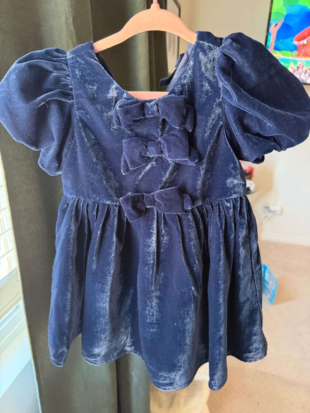 Janie and Jack Navy Velvet Bow Puff-Sleeve Dress